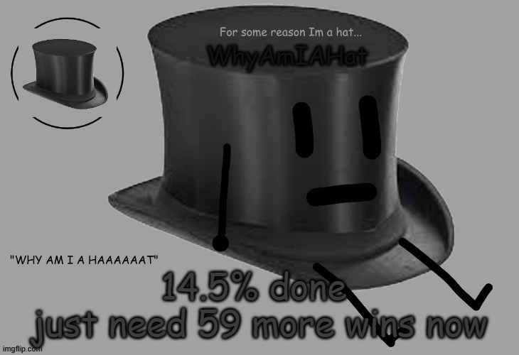 e | 14.5% done 
just need 59 more wins now | image tagged in hat announcement temp | made w/ Imgflip meme maker
