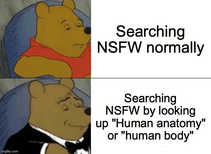 NSFW real! (not joking) | Searching NSFW normally; Searching NSFW by looking up "Human anatomy" or "human body" | image tagged in memes,tuxedo winnie the pooh | made w/ Imgflip meme maker