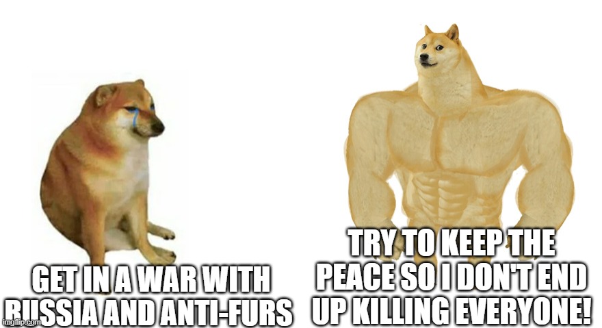 PLEASE GUYS! DON'T DO THIS! | TRY TO KEEP THE PEACE SO I DON'T END UP KILLING EVERYONE! GET IN A WAR WITH RUSSIA AND ANTI-FURS | image tagged in swole doge vs cheems flipped | made w/ Imgflip meme maker