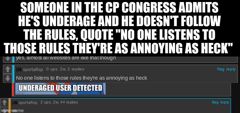 SOMEONE IN THE CP CONGRESS ADMITS HE'S UNDERAGE AND HE DOESN'T FOLLOW THE RULES, QUOTE "NO ONE LISTENS TO THOSE RULES THEY'RE AS ANNOYING AS HECK" | image tagged in underage,kid,tos | made w/ Imgflip meme maker