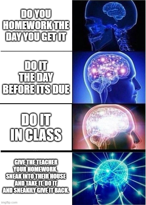How to do your homework on time | DO YOU HOMEWORK THE DAY YOU GET IT; DO IT THE DAY BEFORE ITS DUE; DO IT IN CLASS; GIVE THE TEACHER YOUR HOMEWORK.  SNEAK INTO THEIR HOUSE AND TAKE IT. DO IT AND SNEAKILY GIVE IT BACK. | image tagged in memes,expanding brain | made w/ Imgflip meme maker