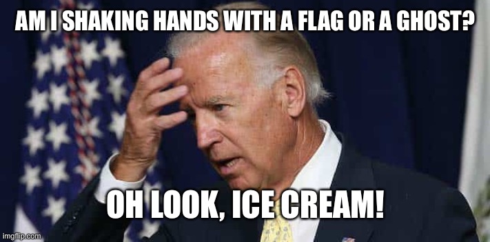 Confused Joe Biden | AM I SHAKING HANDS WITH A FLAG OR A GHOST? OH LOOK, ICE CREAM! | image tagged in confused joe biden | made w/ Imgflip meme maker