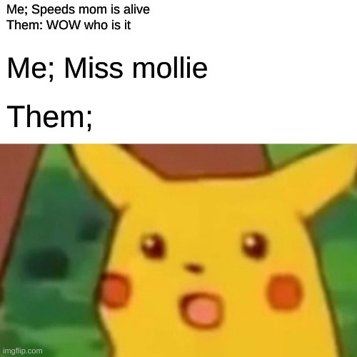 An ES meme | Me; Speeds mom is alive 

Them: WOW who is it; Me; Miss mollie; Them; | image tagged in memes,surprised pikachu | made w/ Imgflip meme maker