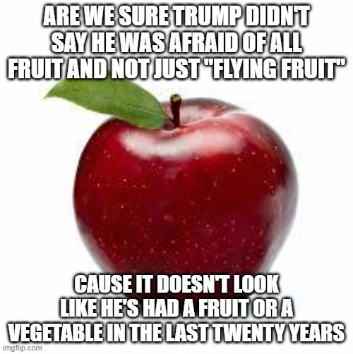 Apple Bad Pickup Lines | ARE WE SURE TRUMP DIDN'T SAY HE WAS AFRAID OF ALL FRUIT AND NOT JUST "FLYING FRUIT"; CAUSE IT DOESN'T LOOK LIKE HE'S HAD A FRUIT OR A VEGETABLE IN THE LAST TWENTY YEARS | image tagged in apple bad pickup lines | made w/ Imgflip meme maker