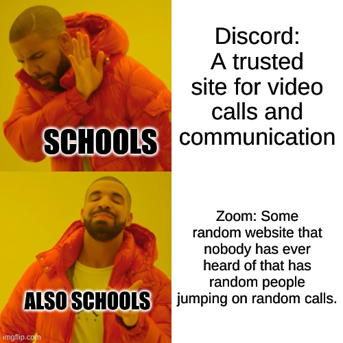 Imagine being able to use discord in school... | Discord: A trusted site for video calls and communication; SCHOOLS; Zoom: Some random website that nobody has ever heard of that has random people jumping on random calls. ALSO SCHOOLS | image tagged in memes,drake hotline bling | made w/ Imgflip meme maker