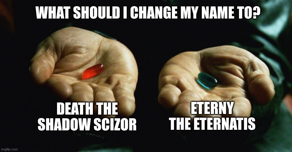 I am thinking Eterny the Eternatis. | WHAT SHOULD I CHANGE MY NAME TO? DEATH THE SHADOW SCIZOR; ETERNY THE ETERNATIS | image tagged in red pill blue pill | made w/ Imgflip meme maker
