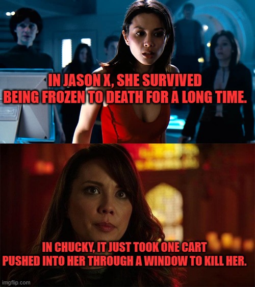 IN JASON X, SHE SURVIVED BEING FROZEN TO DEATH FOR A LONG TIME. IN CHUCKY, IT JUST TOOK ONE CART PUSHED INTO HER THROUGH A WINDOW TO KILL HER. | image tagged in chucky,jason voorhees,horror movie | made w/ Imgflip meme maker