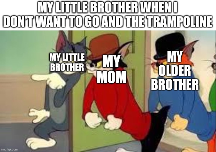 No Title | MY LITTLE BROTHER WHEN I DON’T WANT TO GO AND THE TRAMPOLINE; MY OLDER BROTHER; MY MOM; MY LITTLE BROTHER | image tagged in tom and jerry goons | made w/ Imgflip meme maker