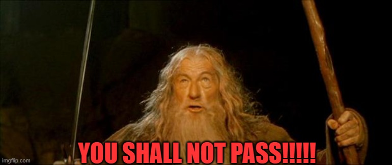 gandalf you shall not pass | YOU SHALL NOT PASS!!!!! | image tagged in gandalf you shall not pass | made w/ Imgflip meme maker