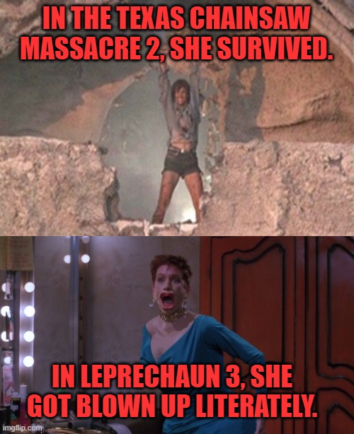 IN THE TEXAS CHAINSAW MASSACRE 2, SHE SURVIVED. IN LEPRECHAUN 3, SHE GOT BLOWN UP LITERATELY. | image tagged in leprechaun,texas chainsaw massacre,horror movie | made w/ Imgflip meme maker