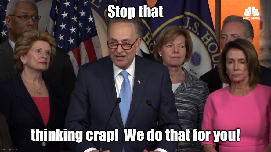 Democrat congressmen | Stop that thinking crap!  We do that for you! | image tagged in democrat congressmen | made w/ Imgflip meme maker