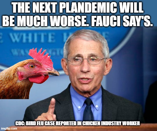 It's on its way | THE NEXT PLANDEMIC WILL BE MUCH WORSE. FAUCI SAY'S. CDC: BIRD FLU CASE REPORTED IN CHICKEN INDUSTRY WORKER | image tagged in dr fauci | made w/ Imgflip meme maker