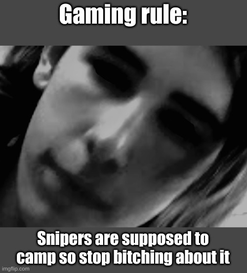 Gaming rule: | Gaming rule:; Snipers are supposed to camp so stop bitching about it | image tagged in jumpscare,gaming,funny,memes,online gaming,relatable | made w/ Imgflip meme maker