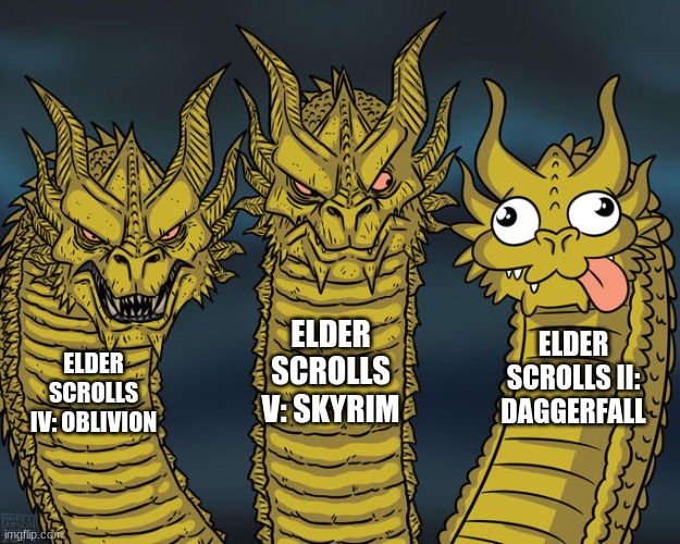 Todd Howard | ELDER SCROLLS V: SKYRIM; ELDER SCROLLS II: DAGGERFALL; ELDER SCROLLS IV: OBLIVION | image tagged in three-headed dragon | made w/ Imgflip meme maker