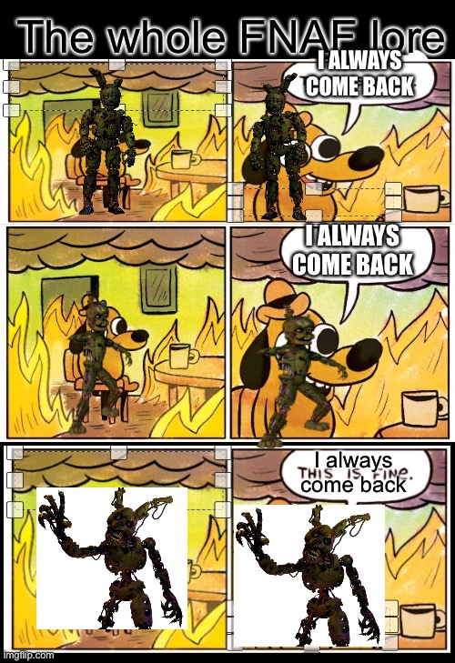 This Is Fine | The whole FNAF lore; I ALWAYS COME BACK; I ALWAYS COME BACK; I always come back | image tagged in memes,this is fine | made w/ Imgflip meme maker
