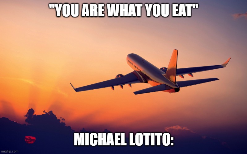 bruh | "YOU ARE WHAT YOU EAT"; MICHAEL LOTITO: | image tagged in airplane taking off | made w/ Imgflip meme maker