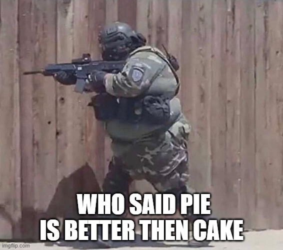 Somewhere in the US | WHO SAID PIE IS BETTER THEN CAKE | image tagged in fat soldier | made w/ Imgflip meme maker