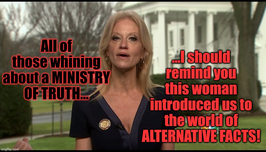 Had someone not created ALTERNATIVE FACTS.... | ...I should remind you this woman introduced us to the world of ALTERNATIVE FACTS! All of those whining about a MINISTRY OF TRUTH... | image tagged in kelly ann conway | made w/ Imgflip meme maker