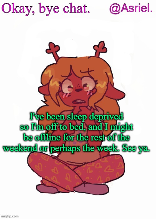 Suffering from hallucinations :D | Okay, bye chat. I've been sleep deprived so I'm off to bed, and I might be offline for the rest of the weekend or perhaps the week. See ya. | image tagged in asriel's other noelle temp | made w/ Imgflip meme maker