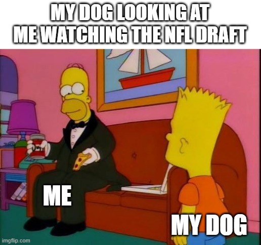 Elegant Homer Simpson | MY DOG LOOKING AT ME WATCHING THE NFL DRAFT; ME; MY DOG | image tagged in elegant homer simpson,dog memes,sports,sports fans,simpsons,nfl memes | made w/ Imgflip meme maker