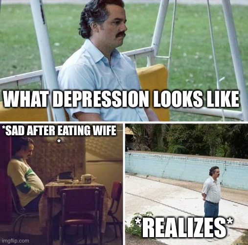 Sad Pablo Escobar | WHAT DEPRESSION LOOKS LIKE; *SAD AFTER EATING WIFE
*; *REALIZES* | image tagged in memes,sad pablo escobar | made w/ Imgflip meme maker