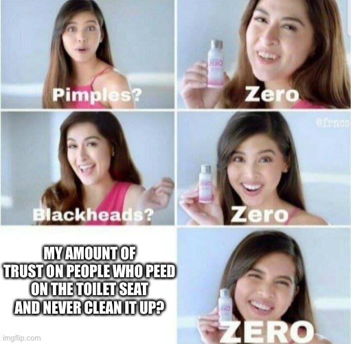 Pimples, Zero! | MY AMOUNT OF TRUST ON PEOPLE WHO PEED ON THE TOILET SEAT AND NEVER CLEAN IT UP? | image tagged in pimples zero | made w/ Imgflip meme maker