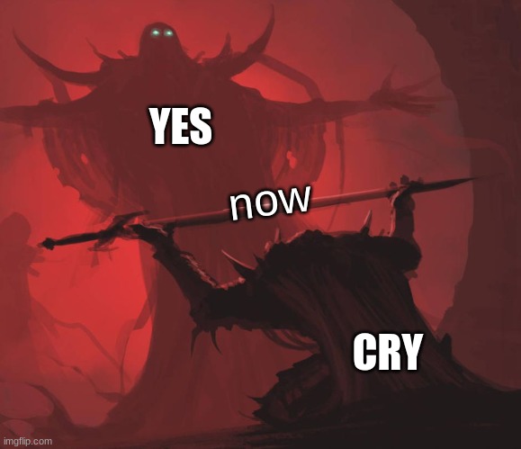 YES CRY now | image tagged in man giving sword to larger man | made w/ Imgflip meme maker