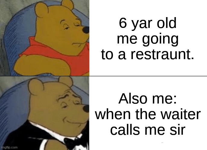 Tuxedo Winnie The Pooh | 6 yar old me going to a restraunt. Also me: when the waiter calls me sir | image tagged in memes,tuxedo winnie the pooh | made w/ Imgflip meme maker