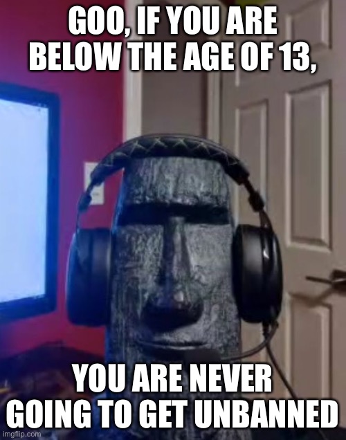 Moai gaming | GOO, IF YOU ARE BELOW THE AGE OF 13, YOU ARE NEVER GOING TO GET UNBANNED | image tagged in yes | made w/ Imgflip meme maker