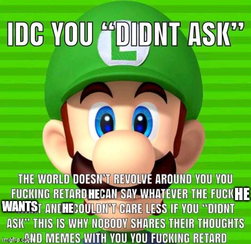 Luigi is mad | HE HE WANTS HE | image tagged in luigi is mad | made w/ Imgflip meme maker