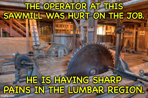 Lumbar | THE OPERATOR AT THIS SAWMILL WAS HURT ON THE JOB. HE IS HAVING SHARP PAINS IN THE LUMBAR REGION. | image tagged in bad pun | made w/ Imgflip meme maker