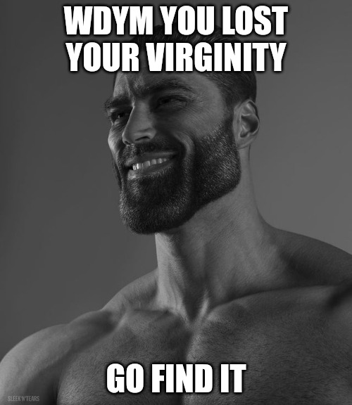 Giga Chad | WDYM YOU LOST YOUR VIRGINITY; GO FIND IT | image tagged in giga chad | made w/ Imgflip meme maker