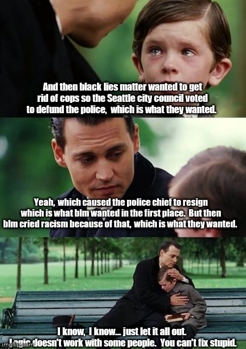 You can't fix stupid. | And then black lies matter wanted to get rid of cops so the Seattle city council voted to defund the police,  which is what they wanted. Yeah,  which caused the police chief to resign which is what blm wanted in the first place.  But then blm cried racism because of that,  which is what they wanted. I know,  I know... just let it all out. 
Logic doesn't work with some people.  You can't fix stupid. | image tagged in memes,finding neverland | made w/ Imgflip meme maker