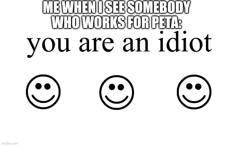PETA is a idiot |  ME WHEN I SEE SOMEBODY WHO WORKS FOR PETA: | image tagged in you are an idiot,peta,peta sucks | made w/ Imgflip meme maker