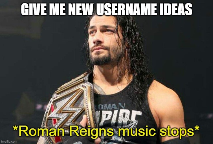 Roman Reigns Music Stops | GIVE ME NEW USERNAME IDEAS | image tagged in roman reigns music stops | made w/ Imgflip meme maker
