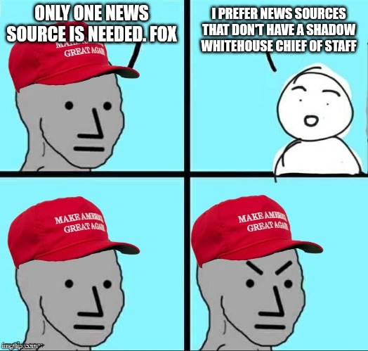Sean Sean Sean | ONLY ONE NEWS SOURCE IS NEEDED. FOX; I PREFER NEWS SOURCES THAT DON'T HAVE A SHADOW WHITEHOUSE CHIEF OF STAFF | image tagged in maga npc | made w/ Imgflip meme maker