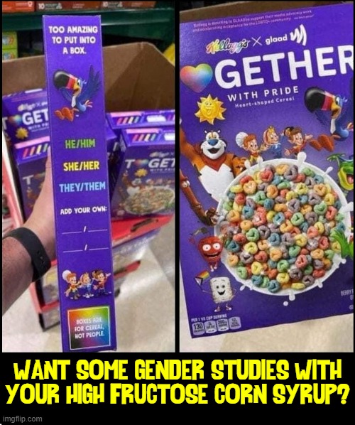 How to Wake Up Woke | WANT SOME GENDER STUDIES WITH
YOUR HIGH FRUCTOSE CORN SYRUP? | image tagged in vince vance,kellogg's cereal,gay pride,lgbtq,memes,breakfast | made w/ Imgflip meme maker