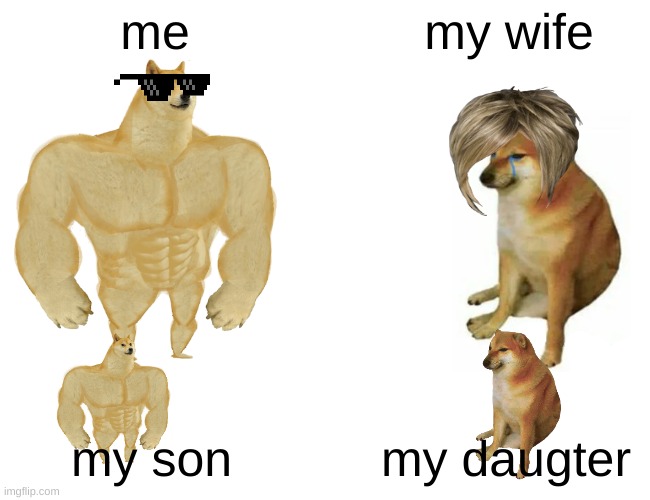 famlily | me; my wife; my son; my daugter | image tagged in memes,buff doge vs cheems | made w/ Imgflip meme maker