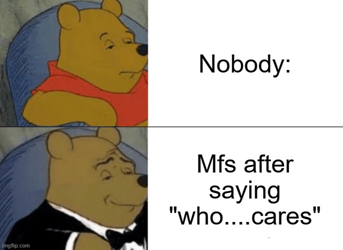 Tuxedo Winnie The Pooh | Nobody:; Mfs after saying "who....cares" | image tagged in memes,tuxedo winnie the pooh | made w/ Imgflip meme maker