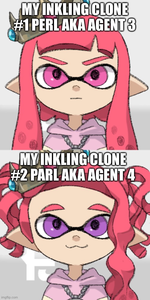 Perl is 5 years old while Parl is 2 years old (because they are my clones) | MY INKLING CLONE #1 PERL AKA AGENT 3; MY INKLING CLONE #2 PARL AKA AGENT 4 | image tagged in perl aka agent 3,parl aka agent 4 | made w/ Imgflip meme maker