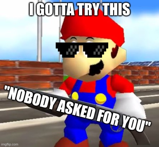 SMG4 Shotgun Mario | I GOTTA TRY THIS "NOBODY ASKED FOR YOU" | image tagged in smg4 shotgun mario | made w/ Imgflip meme maker