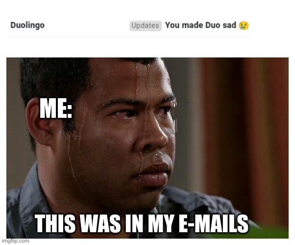 I'm screwed | ME:; THIS WAS IN MY E-MAILS | image tagged in jordan peele sweating,duolingo,oh no | made w/ Imgflip meme maker