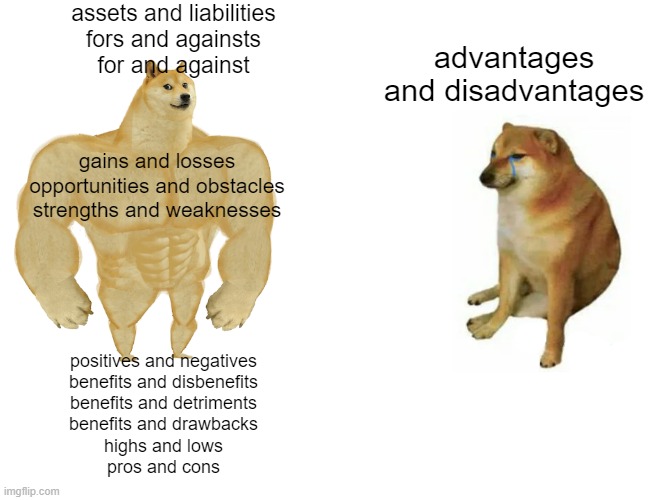 Buff Doge vs. Cheems Meme | assets and liabilities
fors and againsts
for and against; advantages and disadvantages; gains and losses
opportunities and obstacles
strengths and weaknesses; positives and negatives
benefits and disbenefits
benefits and detriments
benefits and drawbacks
highs and lows
pros and cons | image tagged in memes,buff doge vs cheems | made w/ Imgflip meme maker