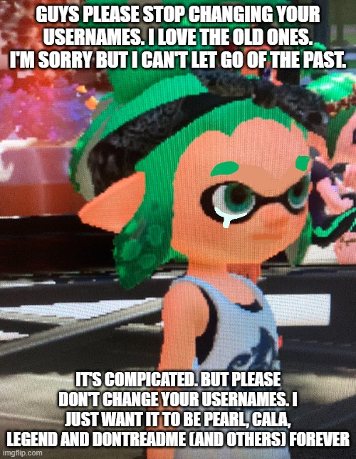 I'm begging you on my knees. Things have changed enough :,( | GUYS PLEASE STOP CHANGING YOUR USERNAMES. I LOVE THE OLD ONES. I'M SORRY BUT I CAN'T LET GO OF THE PAST. IT'S COMPICATED. BUT PLEASE DON'T CHANGE YOUR USERNAMES. I JUST WANT IT TO BE PEARL, CALA, LEGEND AND DONTREADME (AND OTHERS) FOREVER | made w/ Imgflip meme maker