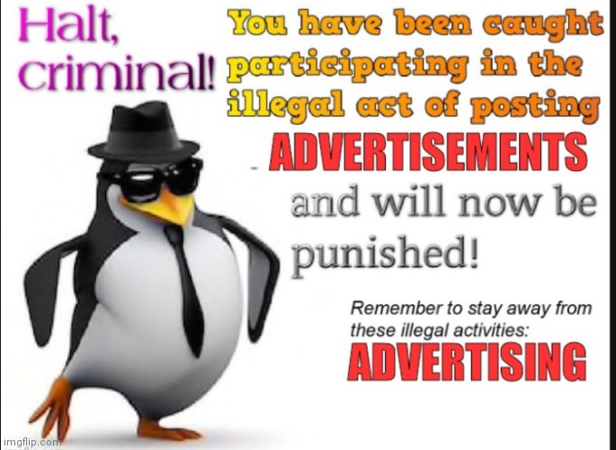 Halt, criminal! You have been caught advertising! | image tagged in halt criminal you have been caught advertising | made w/ Imgflip meme maker