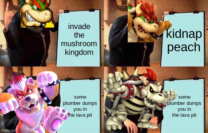 Gru's Plan | invade the mushroom kingdom; kidnap peach; some plumber dumps you in the lava pit; some plumber dumps you in the lava pit | image tagged in memes,gru's plan,bowser,super mario,mario | made w/ Imgflip meme maker