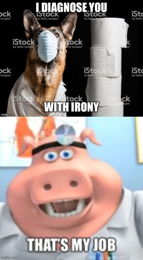 Irony by 2 | image tagged in i diagnose you with dead,irony,i hate my job | made w/ Imgflip meme maker