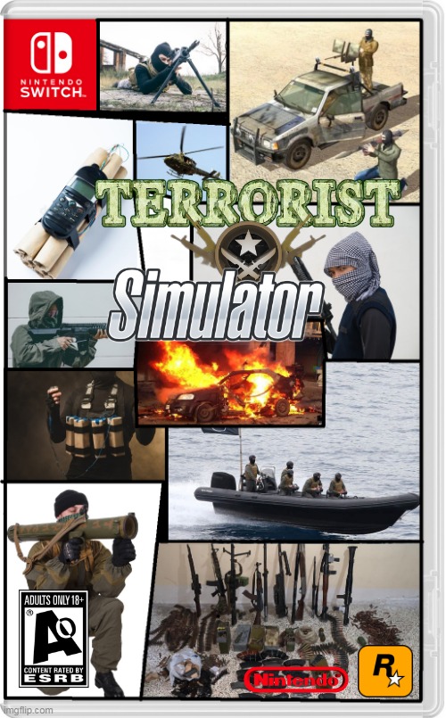 NOW YOU CAN LEARN HOW TO TERRORIZE! | image tagged in nintendo switch,terrorism,terrorists,simulation,fake switch games | made w/ Imgflip meme maker