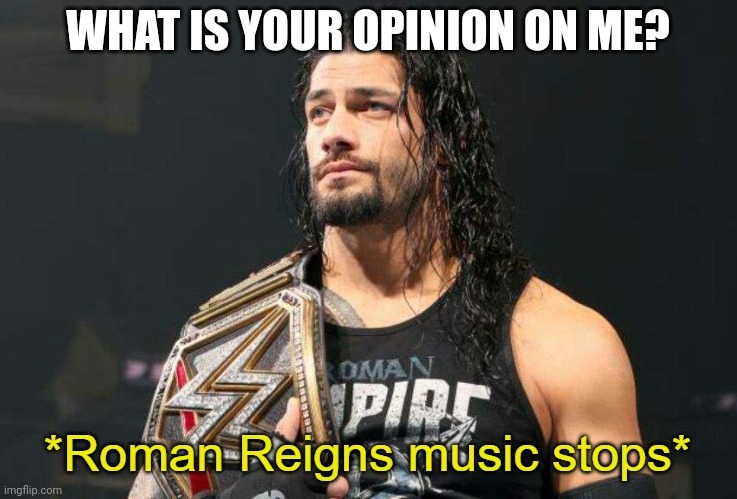 Roman Reigns Music Stops | WHAT IS YOUR OPINION ON ME? | image tagged in roman reigns music stops | made w/ Imgflip meme maker