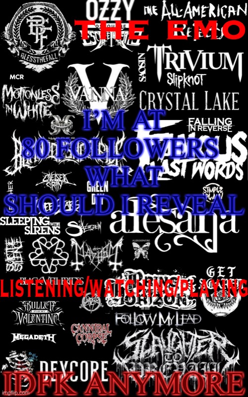 The emo temp | I’M AT 80 FOLLOWERS 
WHAT SHOULD I REVEAL; IDFK ANYMORE | image tagged in the emo temp | made w/ Imgflip meme maker